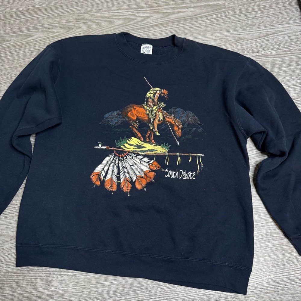 Vintage 90s Native American Sweatshirt Sz XL Horse Spear South Dakota USA Made